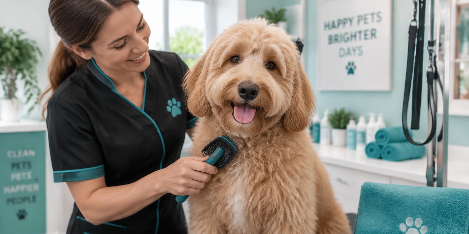 A golden doodle being gently groomed at Penny's Grooming